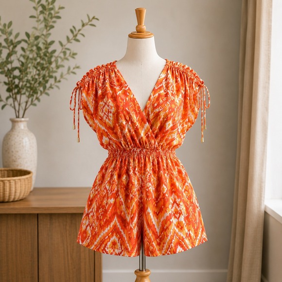 Cupshe Pants - NWT Cupshe Romper Womens Small Orange Ikat Print V-Neck Drawstring Shoulder Boho